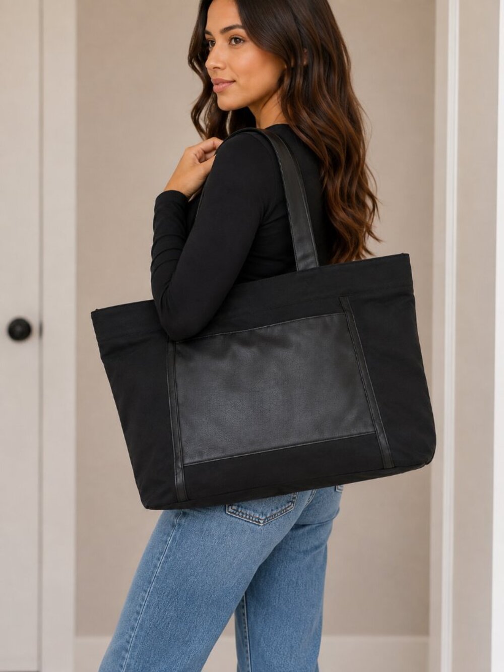 Lancôme Black Tote Bag | Floral Lining | Large Shoulder Bag